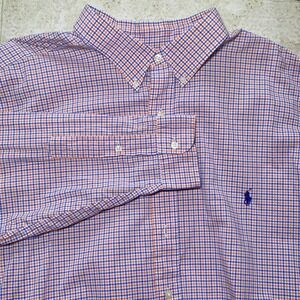 Ralph Lauren Mens 2XLT Tall Gingham Button Down Shirt Orange Blue Check Cotton